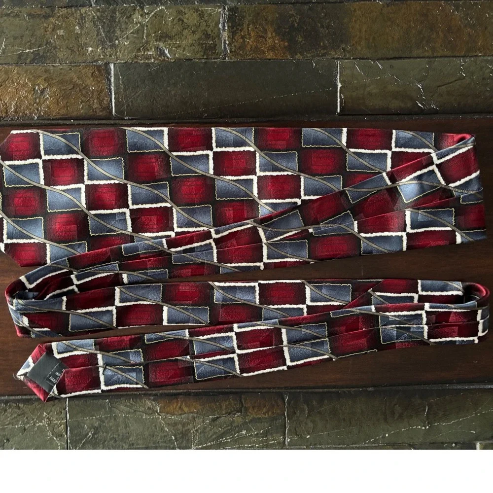 Fenzia Men's Necktie Red silver Geometric Silk Tie‎ Business Casual Vintage 90s